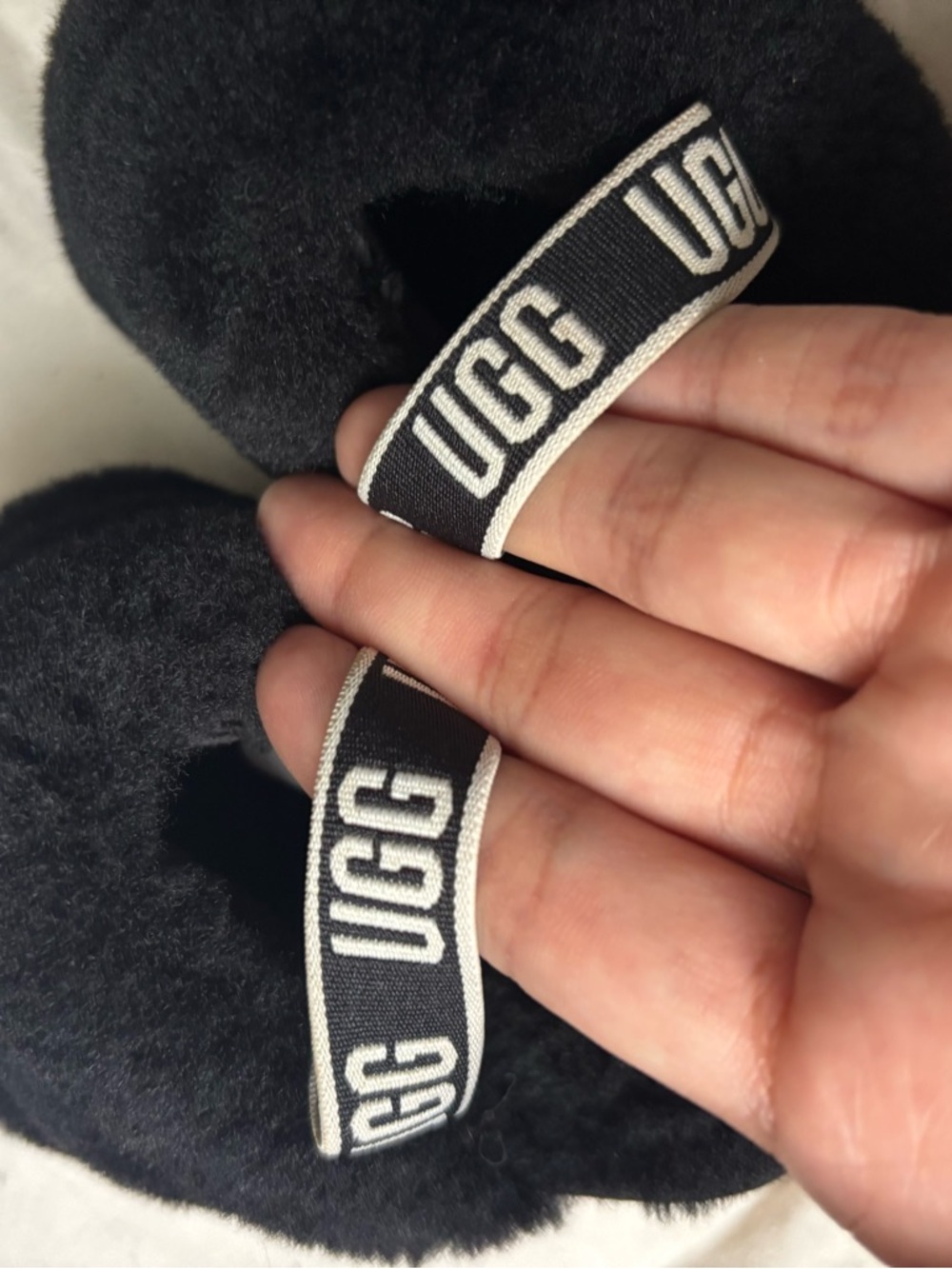 UGG Black Fuzzy Shearling Slide with Branded Elastic Strap - Picture 5 of 6